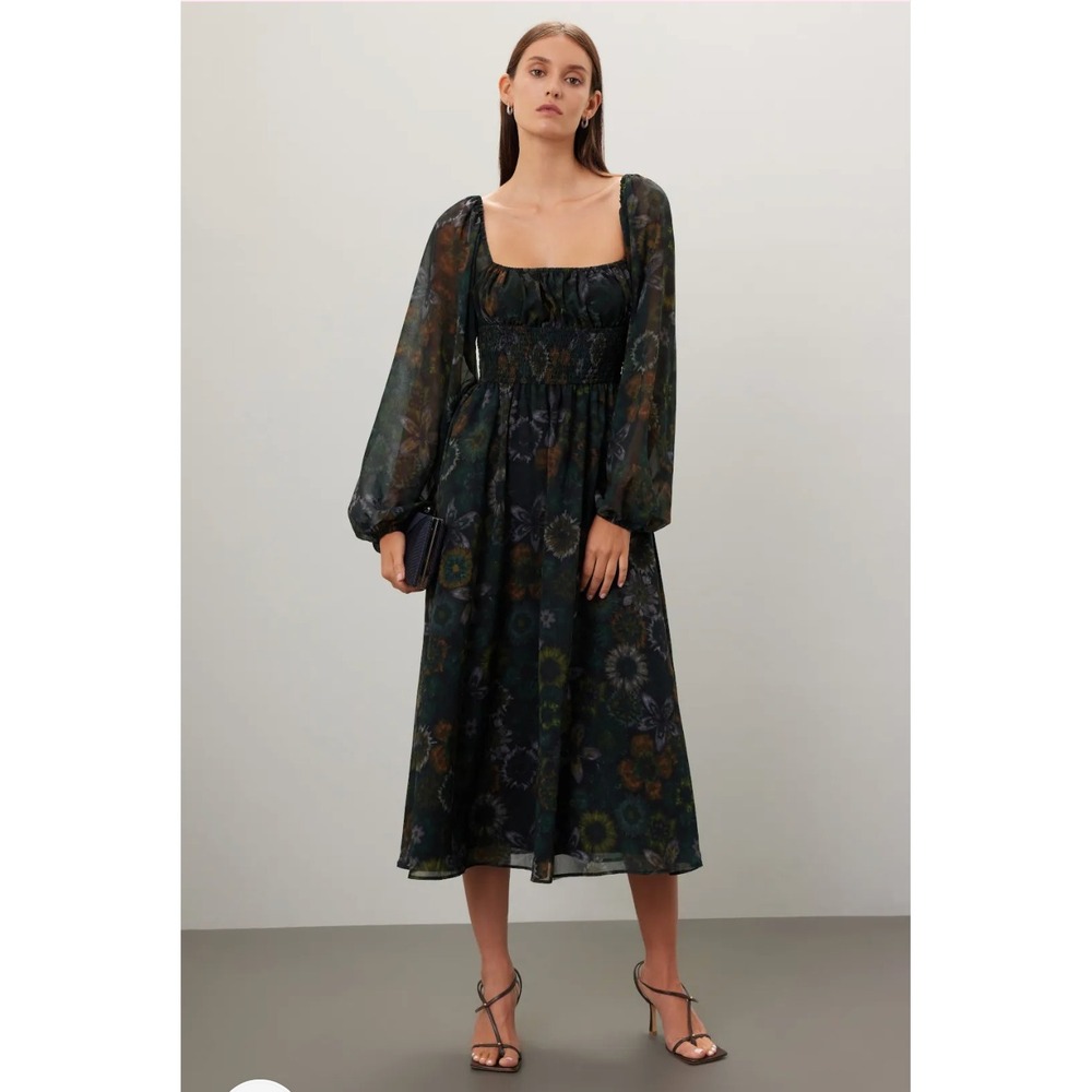 Slate & Willow Square Neck Printed Midi Dress Green Floral‎ Long Sleeve Sz S